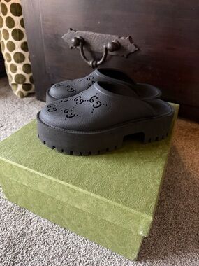 Gucci Black Perforated Double-G Platform Clog Mules